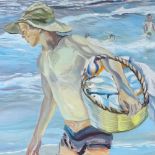 Clive Fredriksson, oil on canvas, beach scene, 26" x 10", unframed