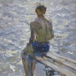 20th century Russian School, oil on board, boy fishing, signed in Cyrillic, also inscribed verso,