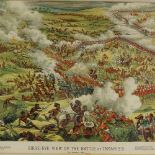 19th century colour print, bird's eye view of the Battle of Tamanieb, 1884, image 16" x 26", maple-