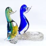2 Murano Glass ducks with original labels, largest height 15cm