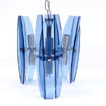 A Murano retro blue glass and stainless steel 3-branch hanging light fitting, glass panel height