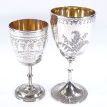 2 Victorian silver goblets, with engraved floral decoration and gilded interiors, by H J Lias & Son,