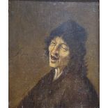 Circle of Adrienne Van Ostade, oil on wood panel, laughing man, indistinctly signed, 6" x 5", framed