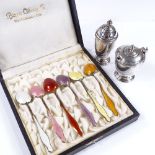 A set of 6 Norwegian sterling silver-gilt and harlequin enamel coffee spoons, together with 2