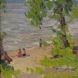 Mid-20th century Russian School, oil on board, figures at the beach, signed verso in Cyrillic, dated