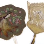 A 19th century fan with feather and painted screen, and bone handle, and an Indian gilded and