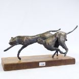 Clive Fredriksson, mixed media composition sculpture, running cheetahs on wood plinth, length 18"