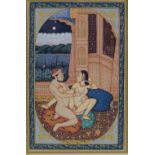 6 Indian gouache paintings, erotic studies, 20th century, largest 7" x 4.5", mounted in 4 frames