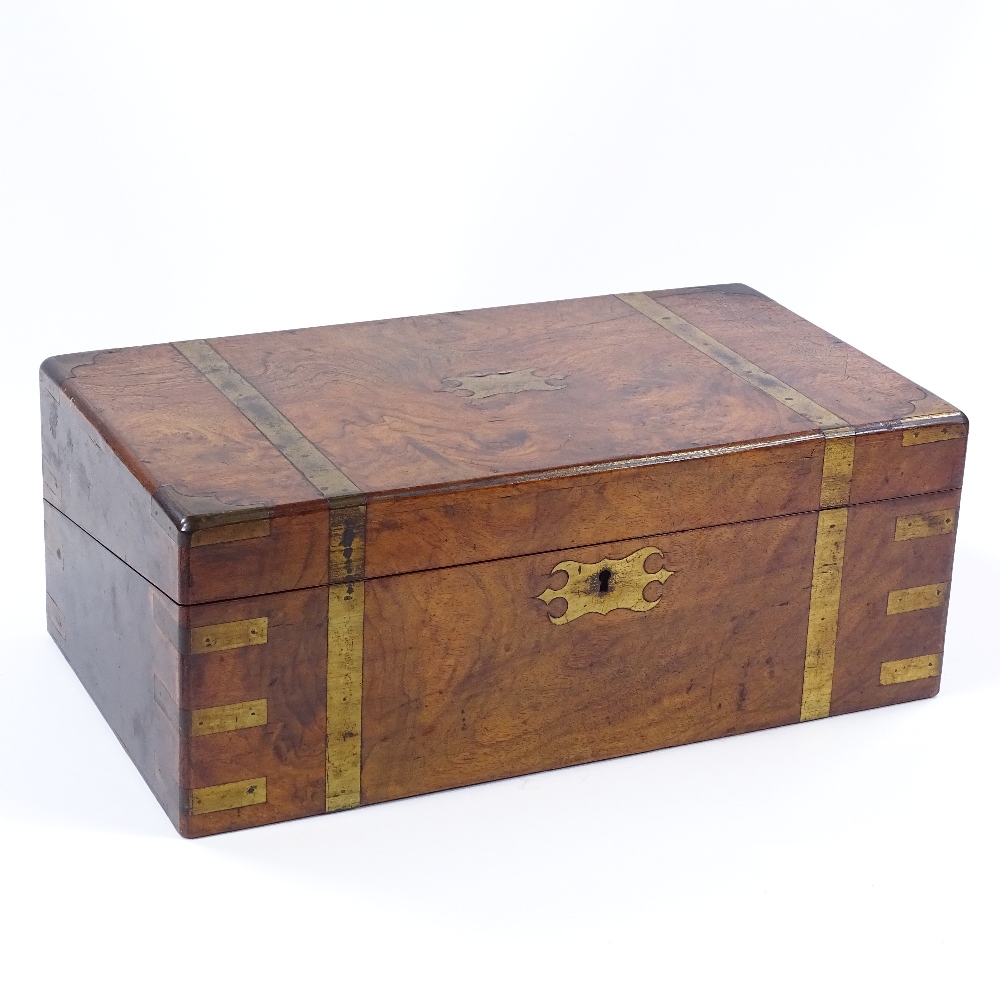 A Victorian brass-bound walnut writing slope, with fitted interior and original inkwells, width 45cm - Image 3 of 3