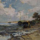 Early to mid-20th century oil on canvas, impressionist beach scene, indistinctly signed, 12" x