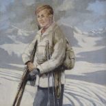 E Sotre, oil on board, Alpine skier, 1953, signed, 19" x 15", framed