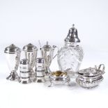 Various silver cruets, including cut-glass caster jar etc