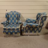 A pair of Queen Anne style upholstered wing armchairs
