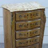A French kingwood and marquetry inlaid serpentine-front chest of 5 drawers, with shaped marble
