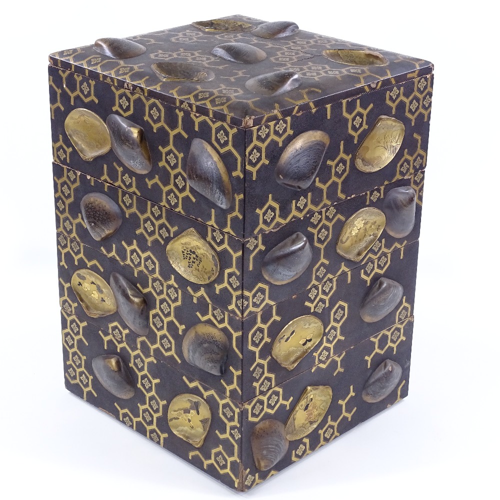 A Japanese Meiji period gilded and lacquer 4-tier box, circa 1890, with relief decorated moulded - Image 2 of 12