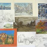 A folder of watercolours, drawings and sketches