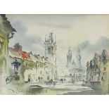 Watercolour, street scene Prague, indistinctly signed, 6" x 8", framed
