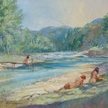 Robert Bunkin, watercolour, nude bathers at the river, signed, 10" x 14.5", framed