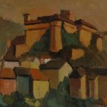 M Forlini, oil on board, Continental hilltop town, signed, 12" x 15.5", framed