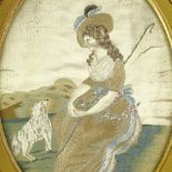 Pair of early 19th century silk embroideries, studies of Georgian women, 8.5" x 6", framed