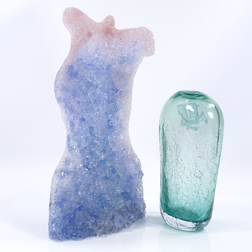 Patrick Stern, blue Studio glass torso sculpture, height 29cm, and a green crackle glaze vase, - Image 2 of 3