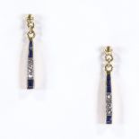 A pair of unmarked gold sapphire and rose-cut diamond pendant earrings, with stud fittings,