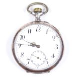 A Continental silver-cased open-face top-wind pocket watch, white enamel dial with painted Deco