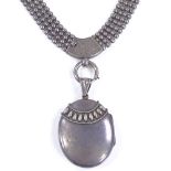 A Victorian silver photo locket collar necklace, with foliate engraved clasp, locket height