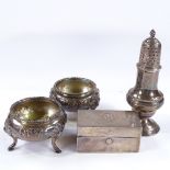 Various silverware, including George III silver sugar caster, pair of table salts, and rectangular