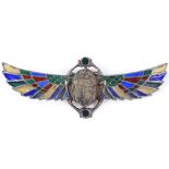 A Continental silver Egyptian revival style winged scarab brooch, with plique a jour enamel