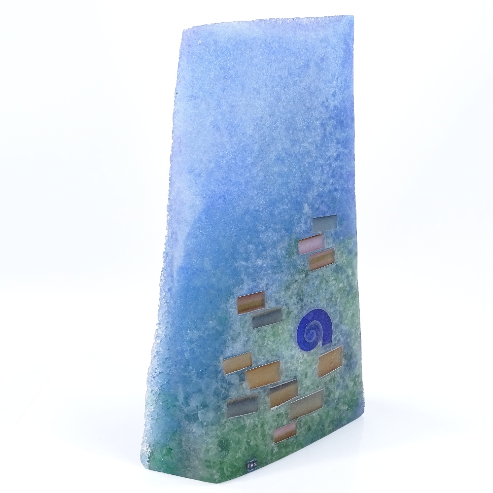 Patrick Stern, blue/green Studio glass obelisk, signed with monogram, height 32cm - Image 3 of 4