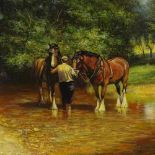 N Siebel, oil on canvas, farmer and work horses, signed, 20" x 24", framed