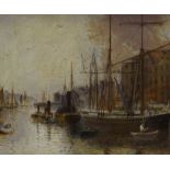Late 19th/early 20th century oil on board, docklands scene, signed with monogram FHE, 10" x 14",