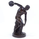 A late 19th century patinated bronze sculpture of a discus thrower, unsigned, height 25cm