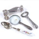 Various silverware, including bottle opener, magnifying glass, and unmarked meat bone handle (4)
