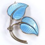 A Norwegian sterling silver gilt and blue enamel leaf brooch, by Hans Myhre of Oslo, length 36.
