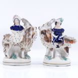 A pair of Victorian Staffordshire figures, girls riding goats, height 13cm