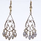 A pair of 9ct gold marquise-cut white stone drop earrings, openwork heart settings, height excluding