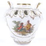 A KPM Berlin porcelain pot pourri pot, with hand painted panels, height 10cm