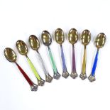 A set of 8 Norwegian sterling silver-gilt and coloured enamel coffee spoons, with pierced terminals,