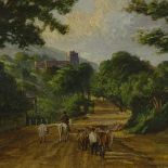 19th century oil on board, view of Hastings and All Saints church along The Bourne, unsigned, 17"