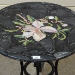 A pietra dura specimen hardstone and marble-topped circular occasional table, on wrought-iron