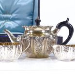 A late Victorian 3-piece silver bachelor's tea set, with relief embossed foliate decoration and