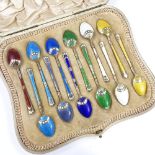 A set of 12 Norwegian sterling silver-gilt harlequin enamel coffee spoons, possibly by David