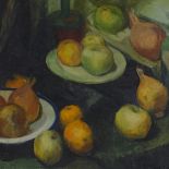 D M Wood, oil on canvas board, still life fruit and veg, 1958, 20" x 23", framed