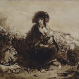 18th century monochrome watercolour, woman feeding an infant, unsigned, 10" x 14", mounted