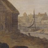 Attributed to F E Weirotter (1730 - 1771), watercolour, harbour scene, unsigned, 13" x 9.5", mounted