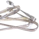 4 pairs of silver sugar tongs, including Georgian bright-cut floral engraved pair, maker's marks WC,