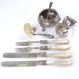 Various silverware, including Victorian table salt, mother-of-pearl handled cutlery, napkin rings