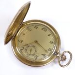 An Art Deco gold plated full hunter side-wind pocket watch, with champagne dial, Deco Arabic